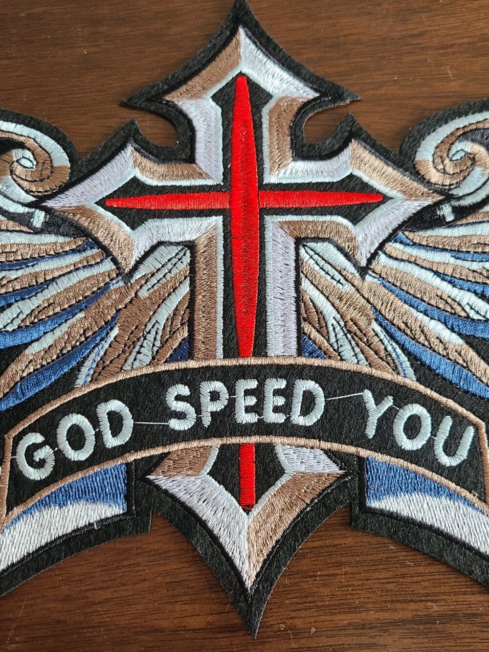 Large God Speed You Cross Wings Embroidered Motorcycle Back Patch NEW